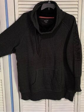 Calvin Klein Dark Gray Funnel Neck Pullover Sweatshirt Kangaroo Pocket